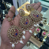 SNERA Gold Plated Crystal Stone And Beads Dangler Earrings With Mangtikka