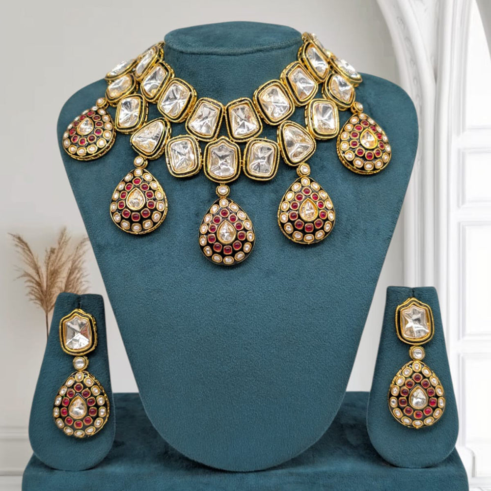 SNERA Gold Plated Pota Stone And Kundan Necklace Set