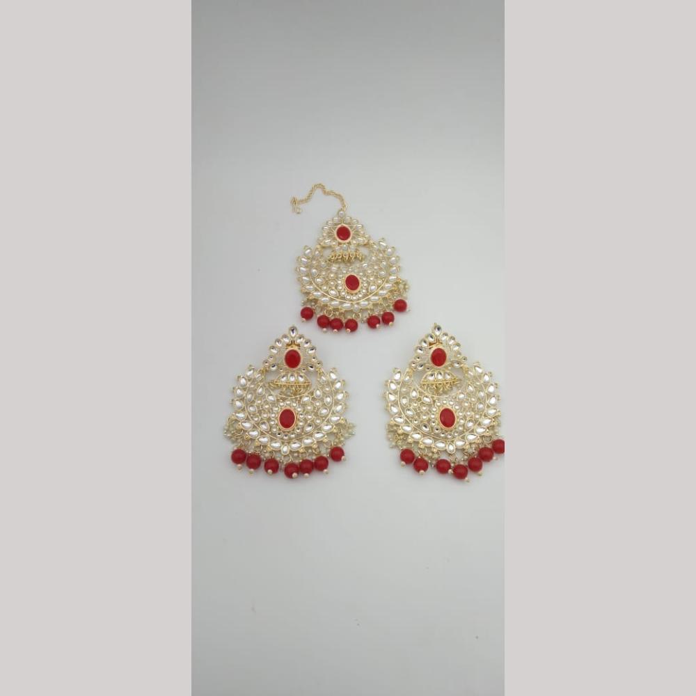 SNERA Gold Plated Kundan Stone And Beads Dangler Earrings With Mangtikka