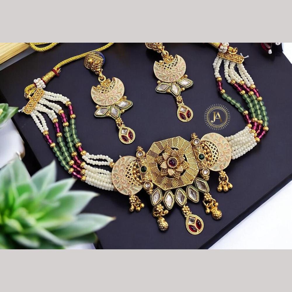 SNERA Gold Plated kundan And Pota Stone Pearls Meenakari Choker Necklace Set