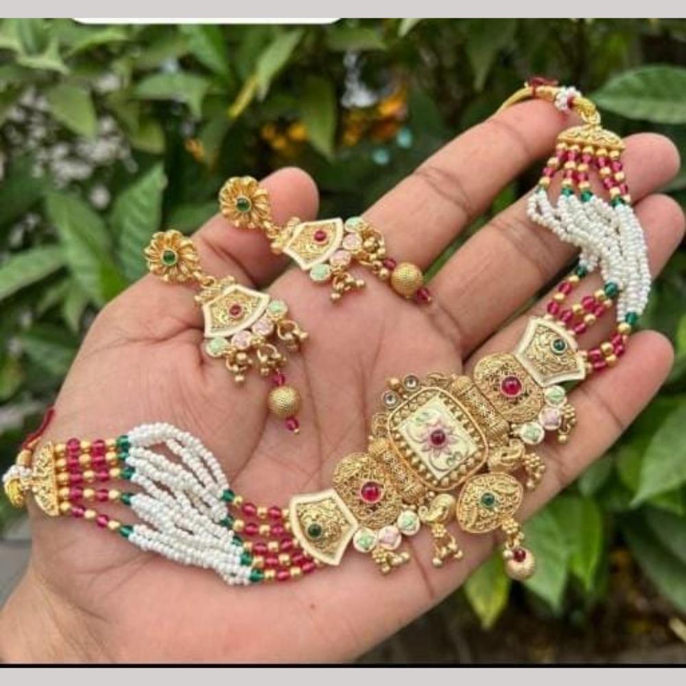 SNERA Gold Plated Pota Stone And Pearls Meenakari Choker Necklace Set