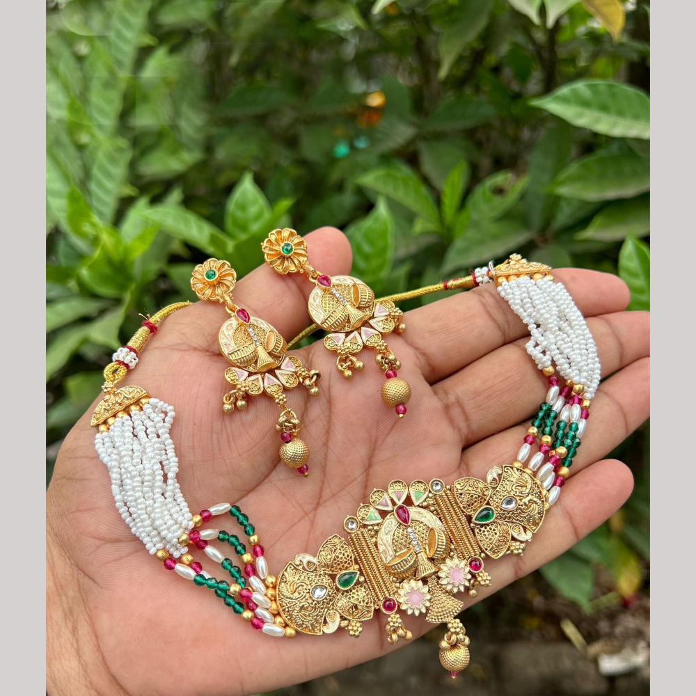 SNERA Gold Plated Pota Stone And Pearls Meenakari Choker Necklace Set