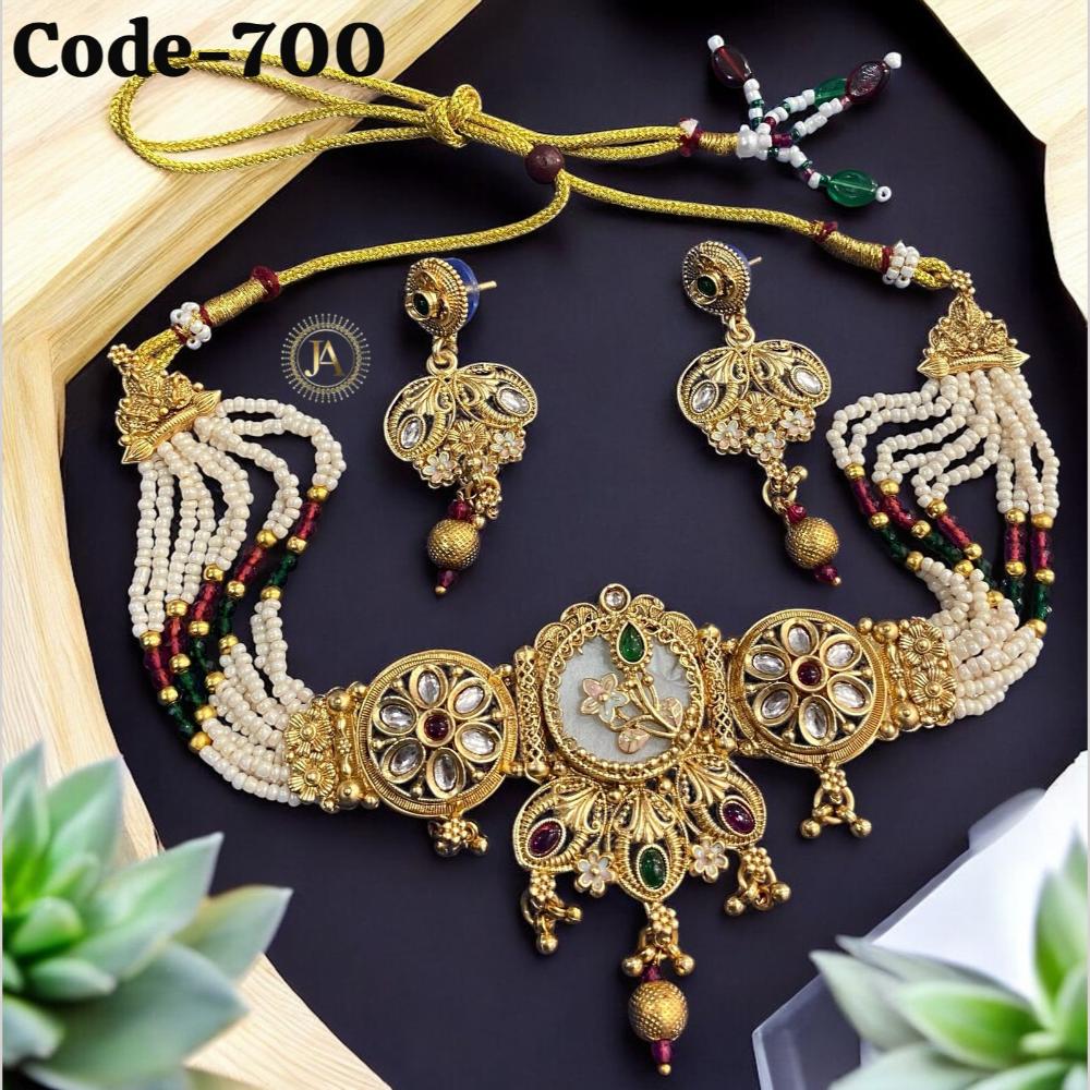 SNERA Gold Plated kundan And Pota Stone Pearls Choker Necklace Set