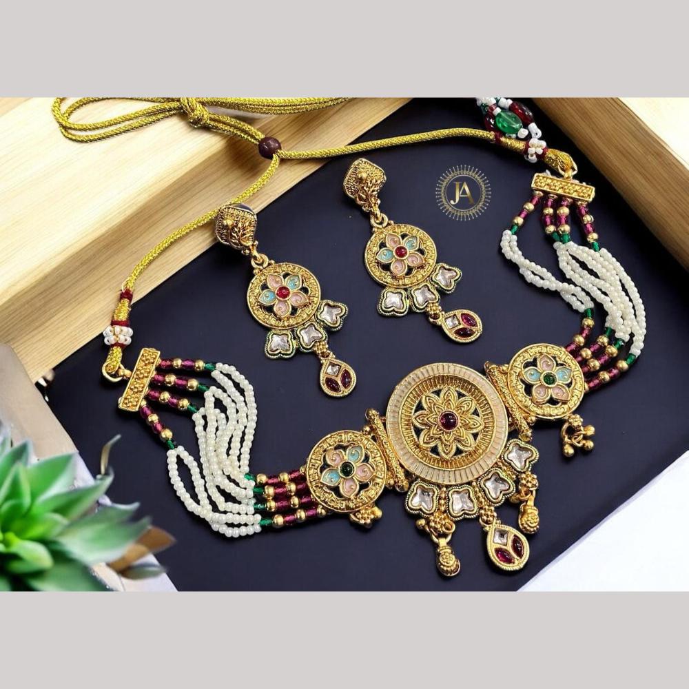 SNERA Gold Plated Pota Stone And Pearls Meenakari Choker Necklace Set