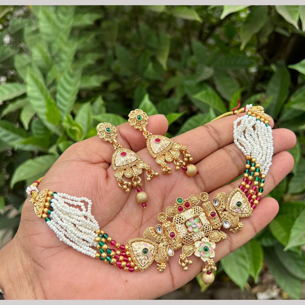 SNERA Gold Plated Pota Stone And Pearls Meenakari Choker Necklace Set
