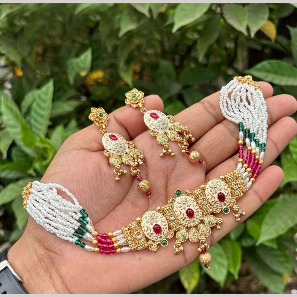 SNERA Gold Plated Pota Stone And Pearls Meenakari Choker Necklace Set