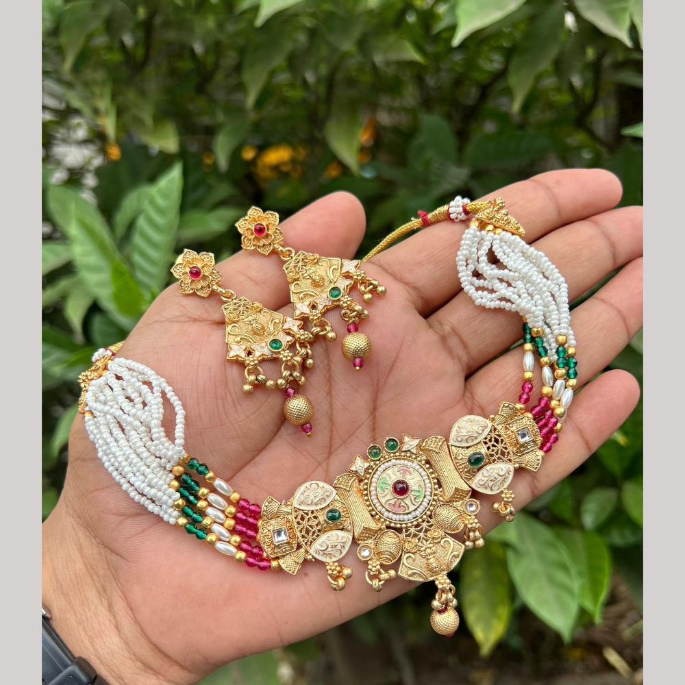 SNERA Gold Plated Pota Stone And Pearls Meenakari Choker Necklace Set