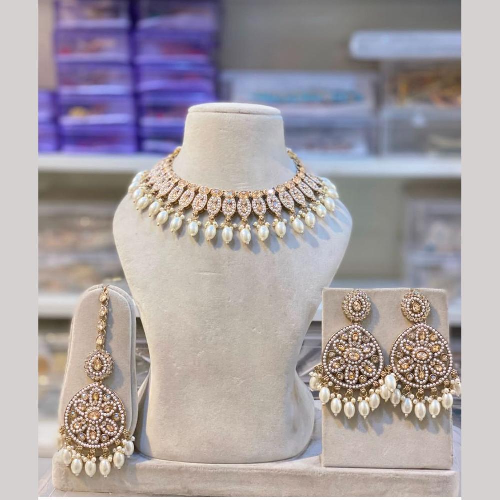 SNERA Gold Plated Crystal Stone And Pearls Choker Necklace Set