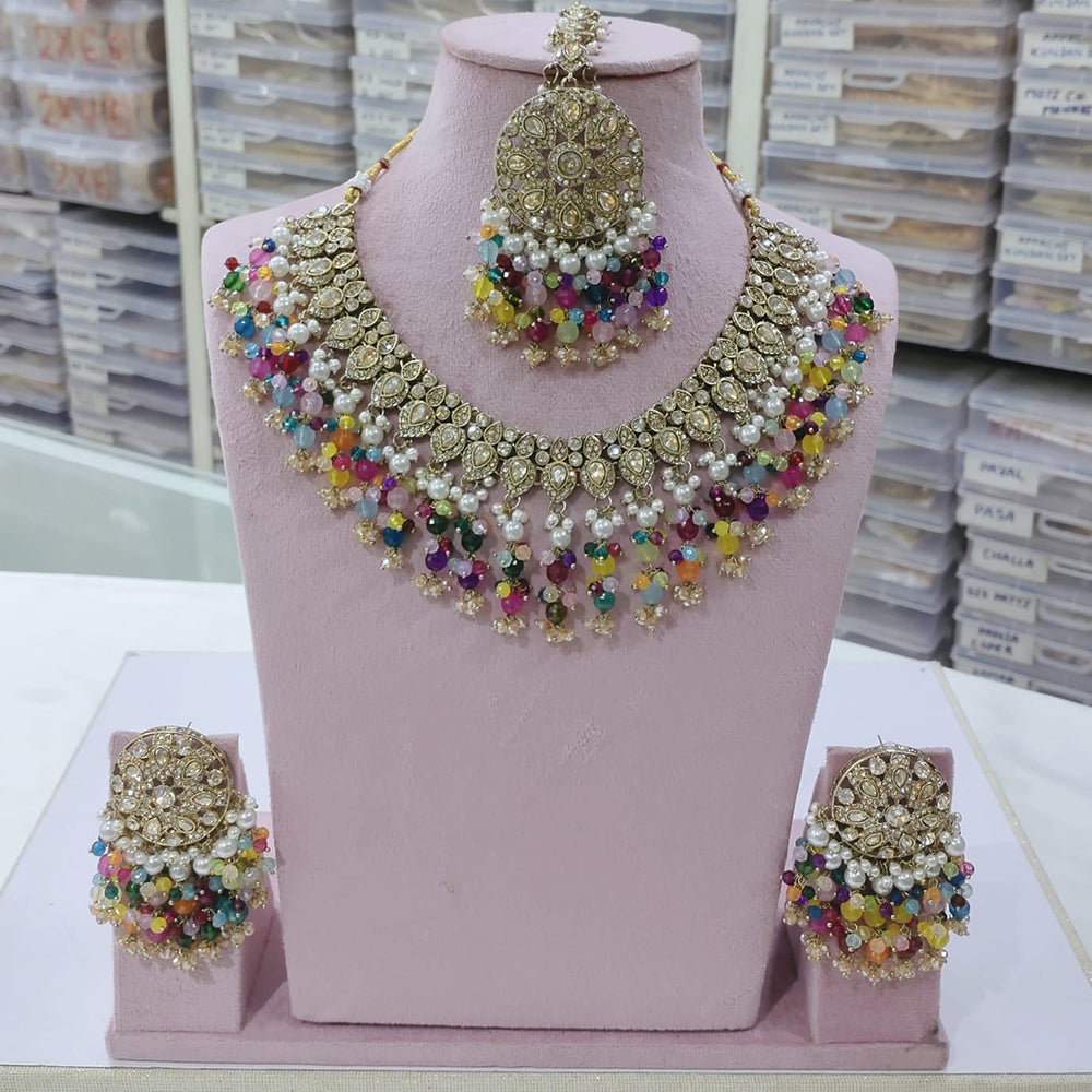 SNERA Gold Plated Crystal Stone And Beads Necklace Set