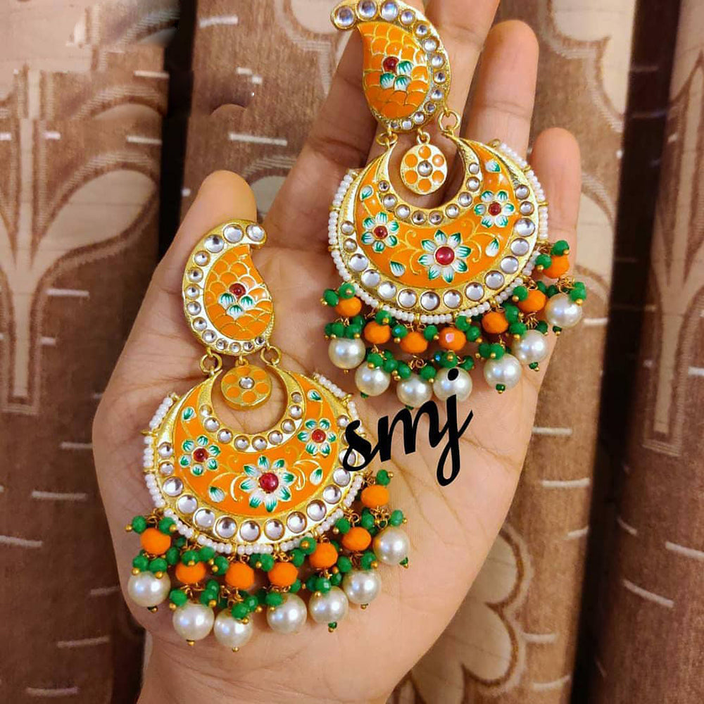SNERA Gold Plated Kundan Stone And Beads Meenakari Dangler Earrings