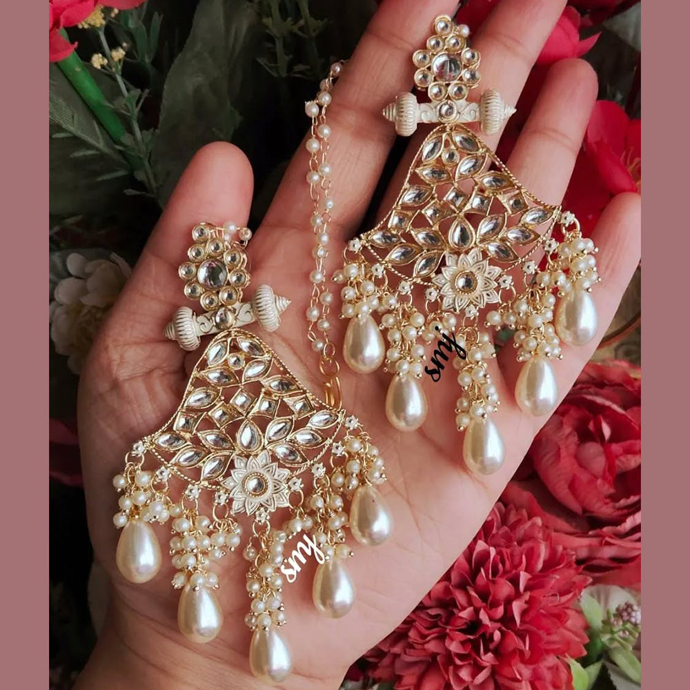 SNERA Gold Plated Kundan Stone And Pearls Dangler Earrings