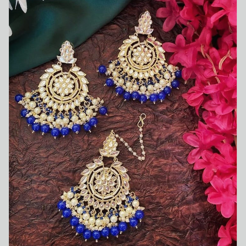 SNERA Gold Plated Kundan Stone And Beads Dangler Earrings With Mangtikka
