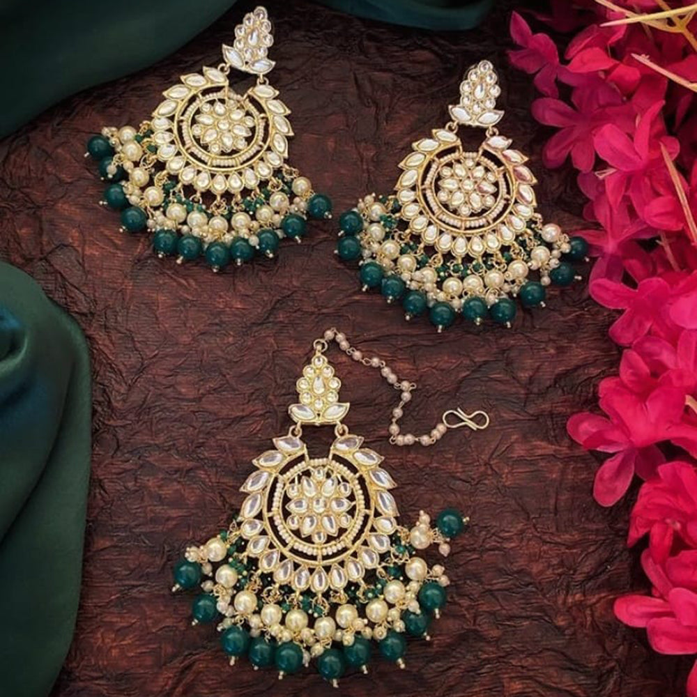 SNERA Gold Plated Kundan Stone And Beads Dangler Earrings With Mangtikka