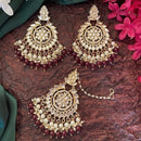SNERA Gold Plated Kundan Stone And Beads Dangler Earrings With Mangtikka