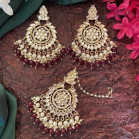SNERA Gold Plated Kundan Stone And Beads Dangler Earrings With Mangtikka
