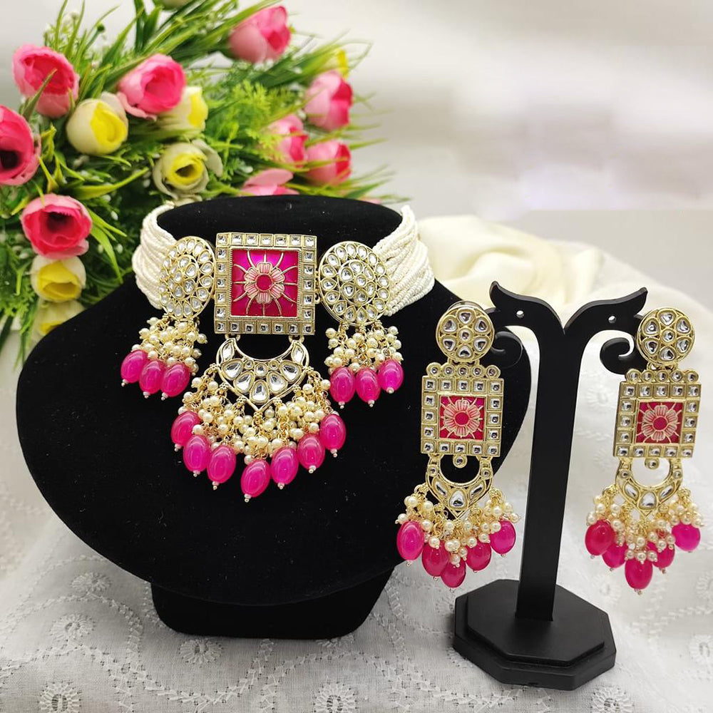 SNERA Gold Plated Kundan And Beads Meenakari Choker Necklace Set