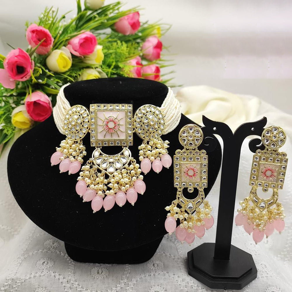 SNERA Gold Plated Kundan And Beads Meenakari Choker Necklace Set