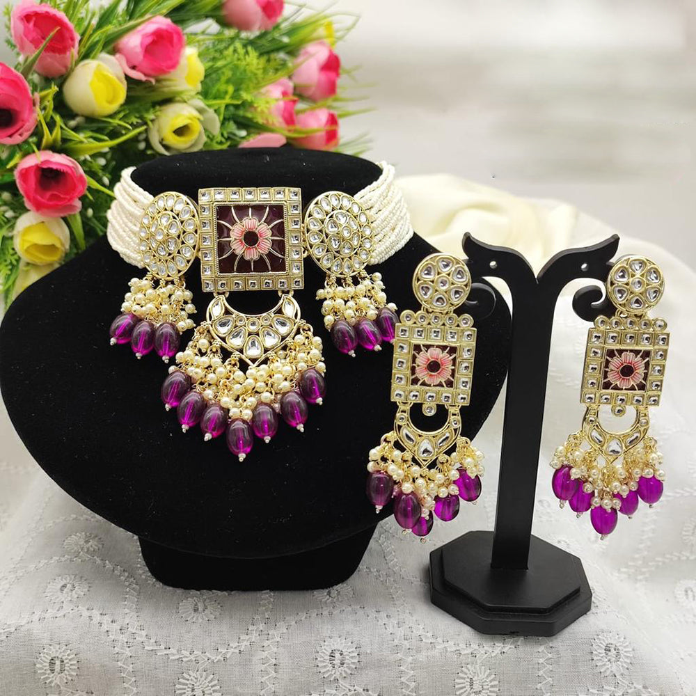 SNERA Gold Plated Kundan And Beads Meenakari Choker Necklace Set