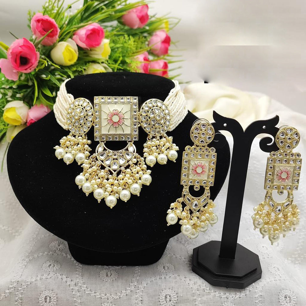 SNERA Gold Plated Kundan And Beads Meenakari Choker Necklace Set