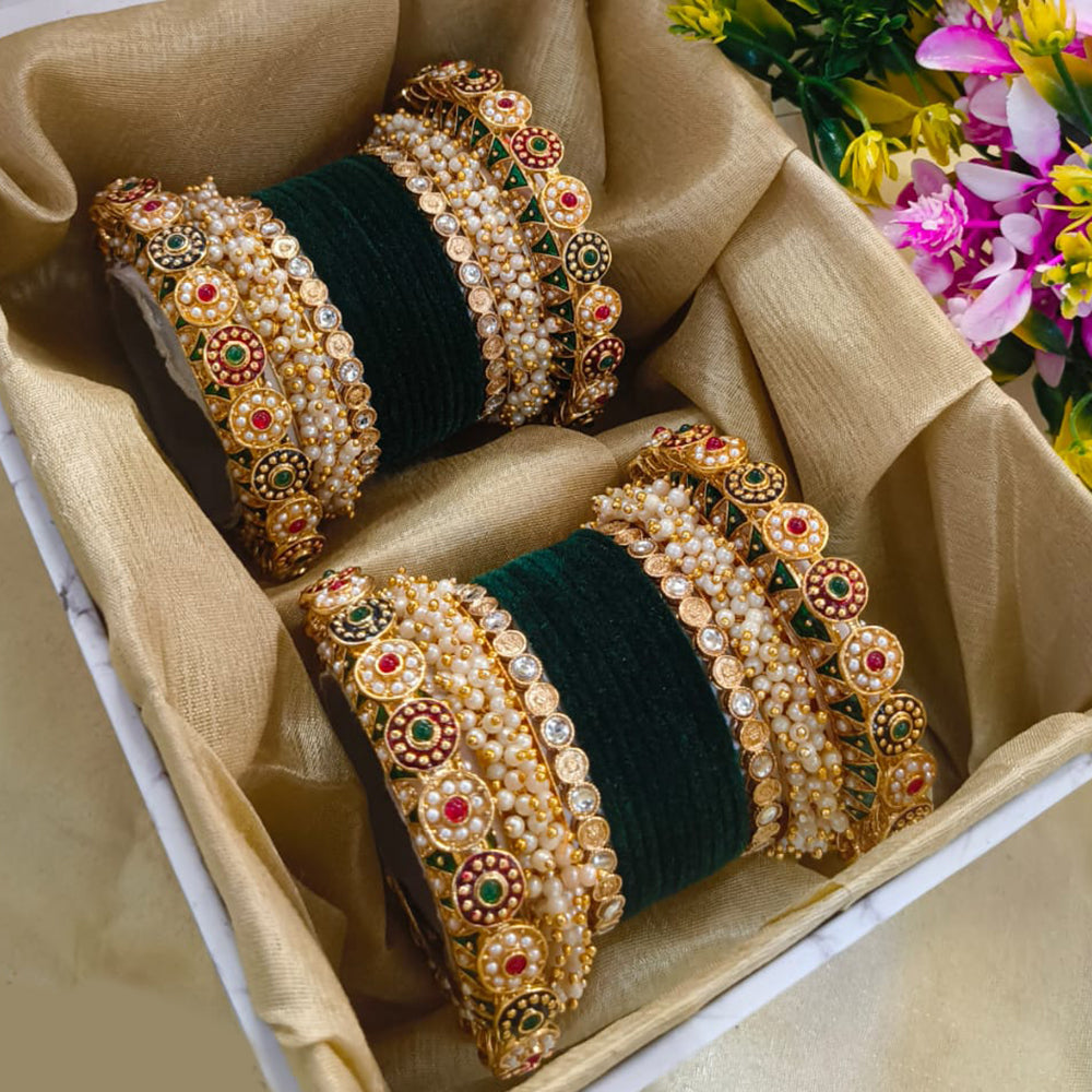 Elegant Gold Plated Pearl And Pota Stone Bangle Set