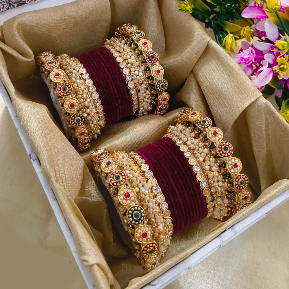 Elegant Gold Plated Pearl And Pota Stone Bangle Set