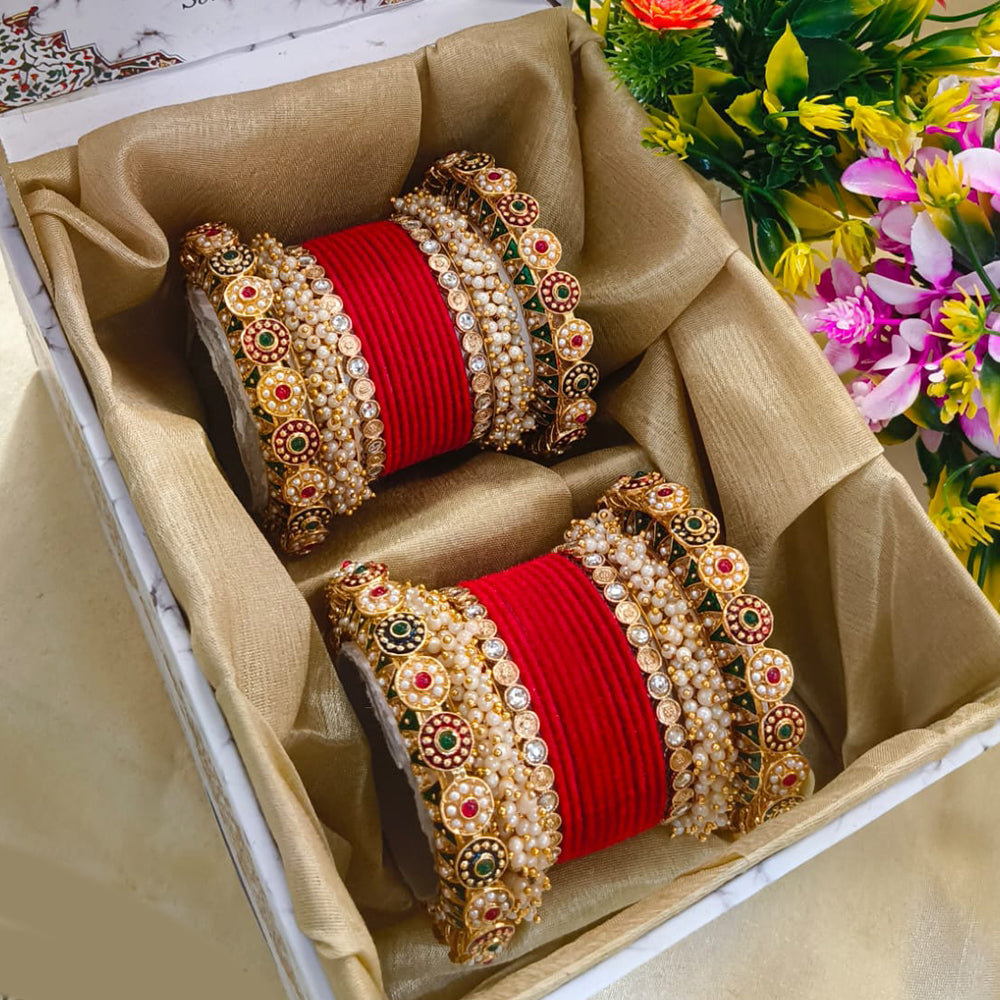 Elegant Gold Plated Pearl And Pota Stone Bangle Set