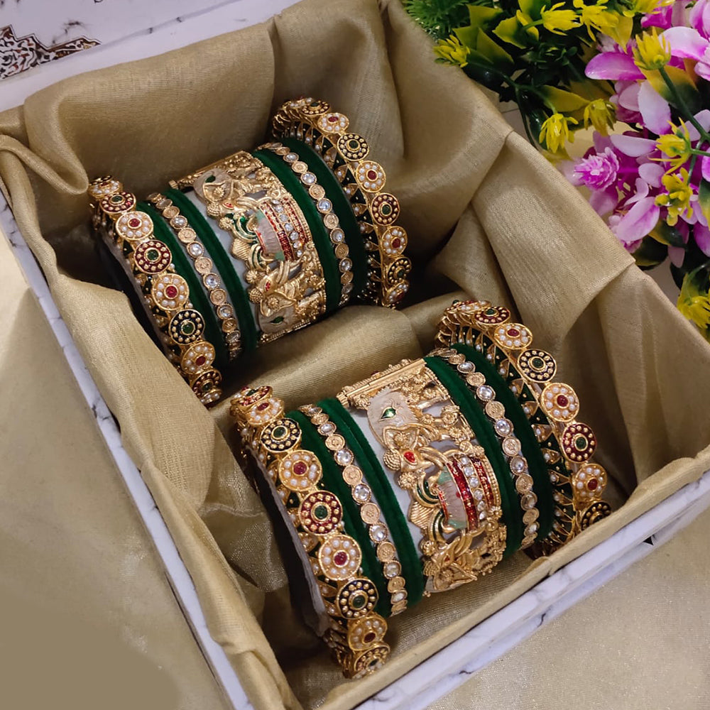 SNERA Gold Plated Pota Stone And Pearls Meenakari Bangle Set