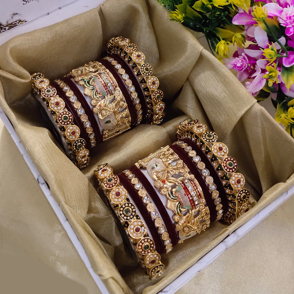 SNERA Gold Plated Pota Stone And Pearls Meenakari Bangle Set