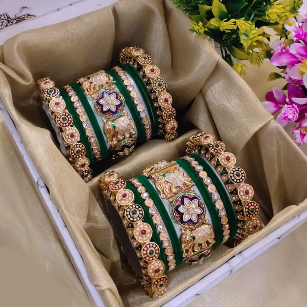 SNERA Gold Plated Pota Stone And Pearls Meenakari Bangle Set
