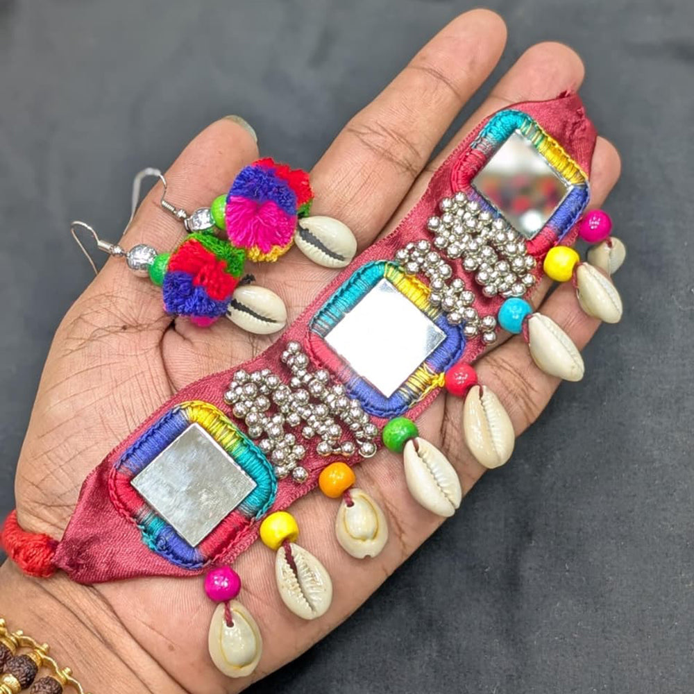 SNERA Handcrafted Tribal Mirror Work Necklace and Pom Pom Shell Earrings