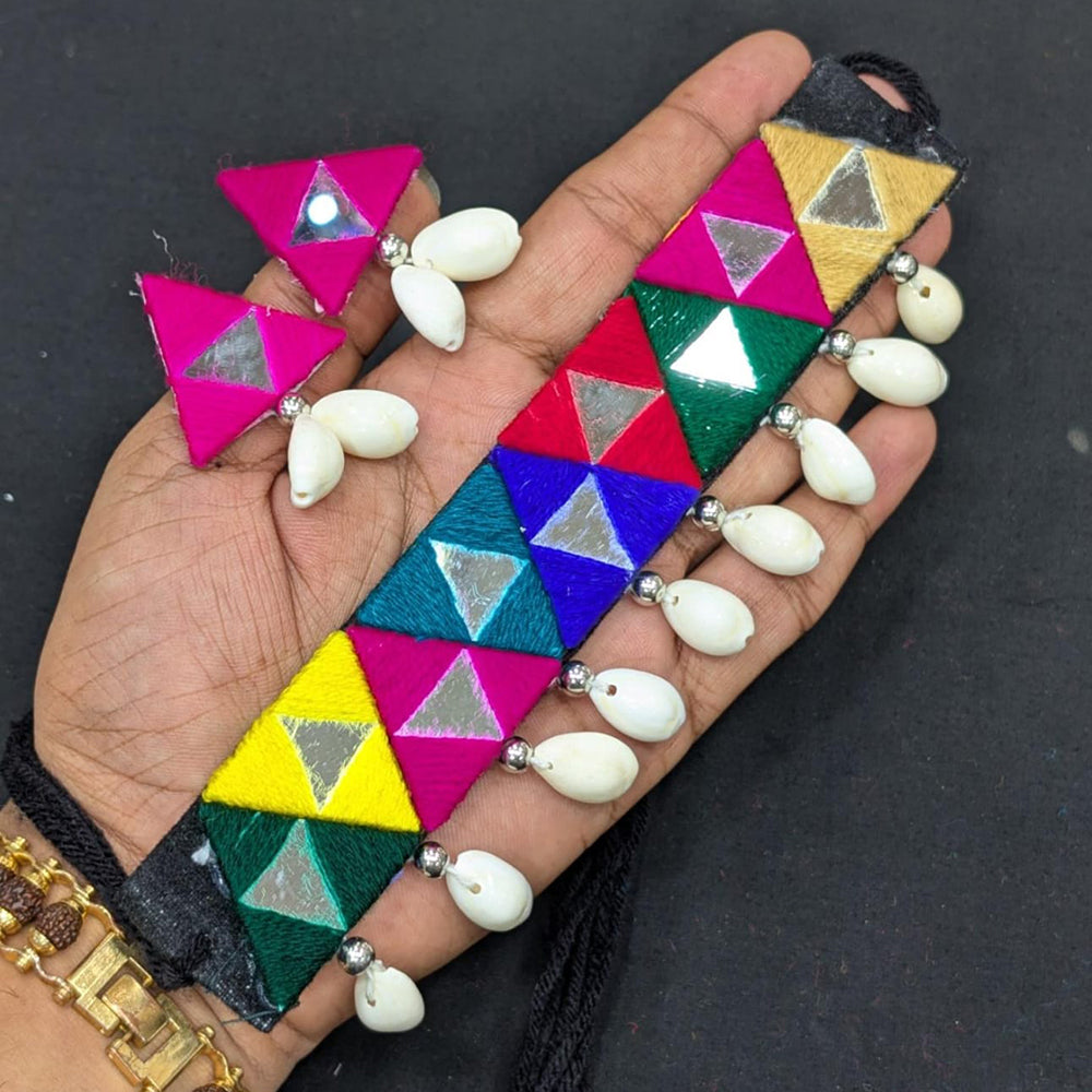 SNERA Boho Thread Wrapped Mirror Necklace and Matching Shell Earrings
