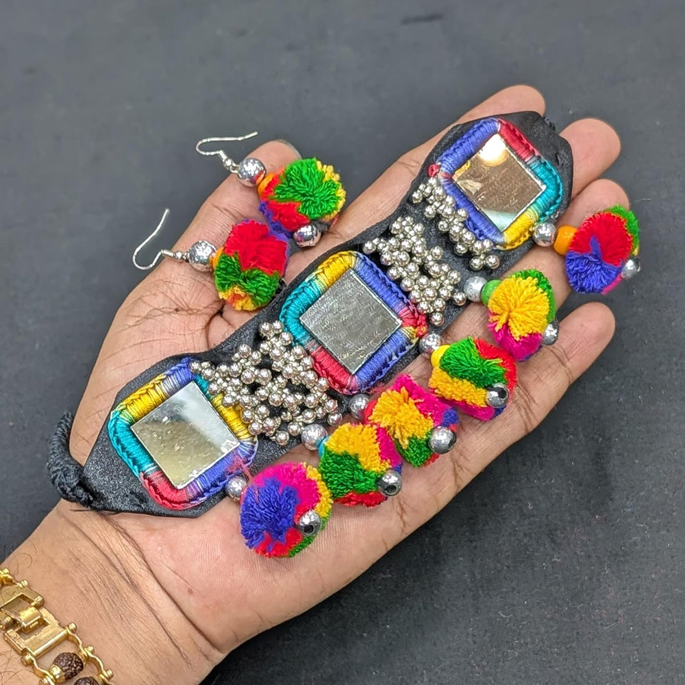 SNERA Colorful Pom Pom Thread Necklace with Mirror Embellishments and Matching Earrings