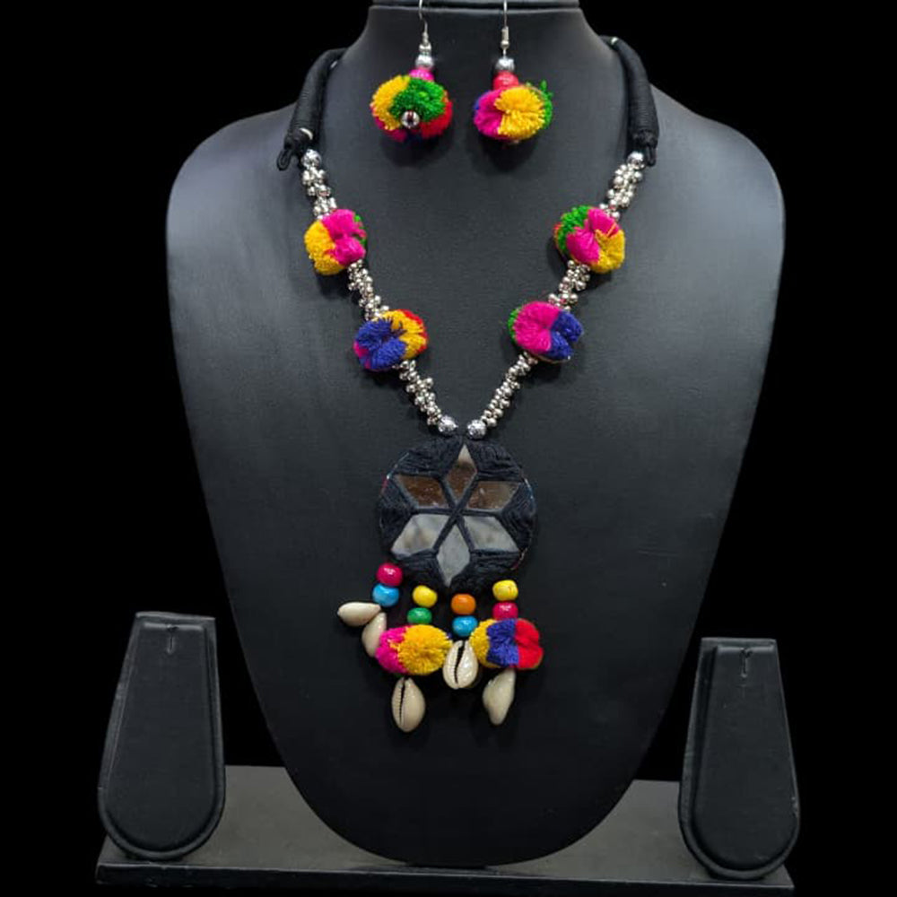 SNERA Colorful Pom Pom Mirror Shell Navratri Necklace Set