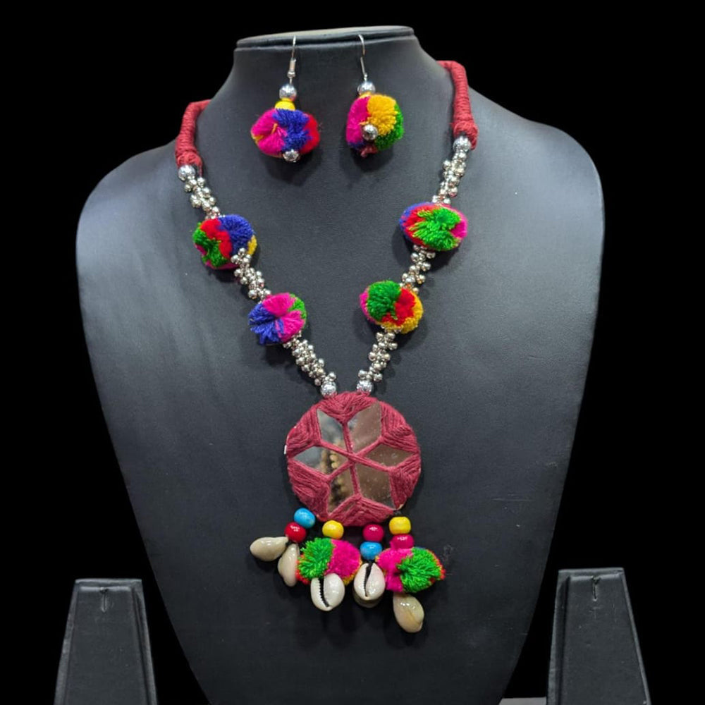 SNERA Colorful Pom Pom Mirror Shell Navratri Necklace Set