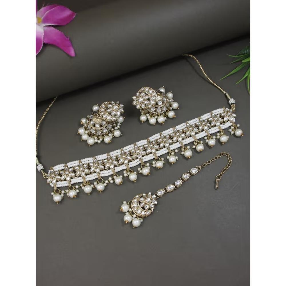 SNERA Designer Kundan Pearl And Beads Choker Necklace Set