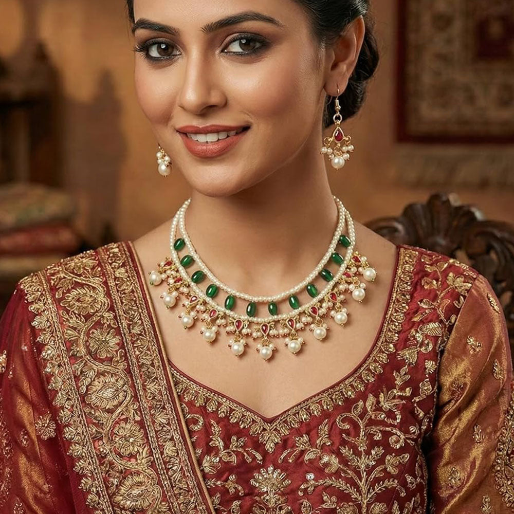 SNERA Party Wear Kundan Stone And Beaded Necklace Set