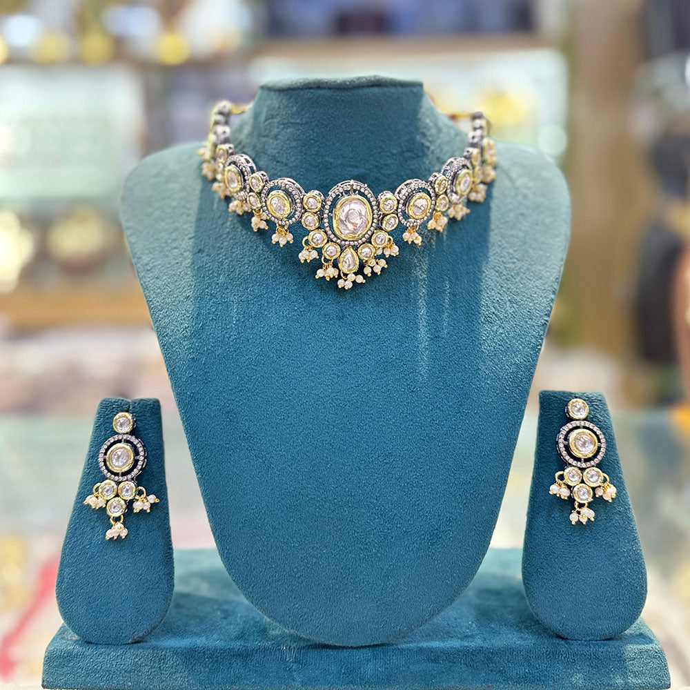 SNERA 2 Tone Plated Kundan Stone And Pearl Choker Necklace Set
