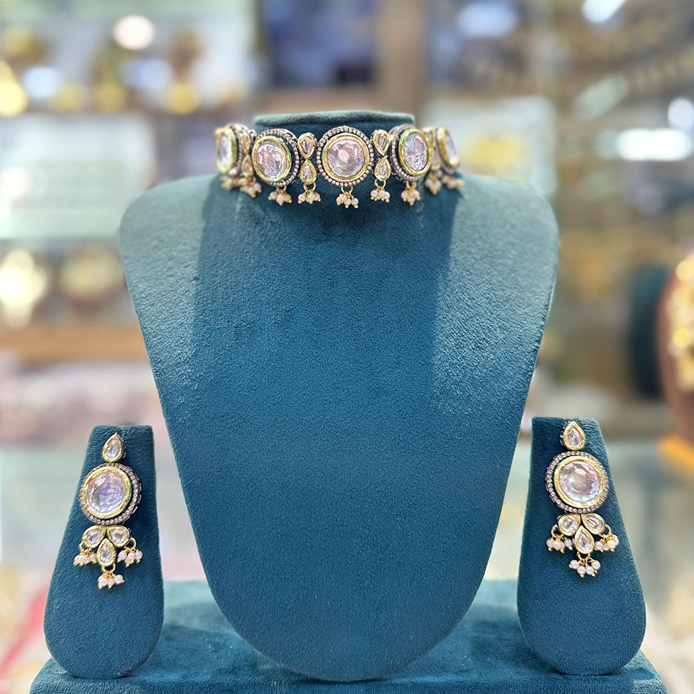 SNERA 2 Tone Plated Kundan Stone And Pearl Choker Necklace Set