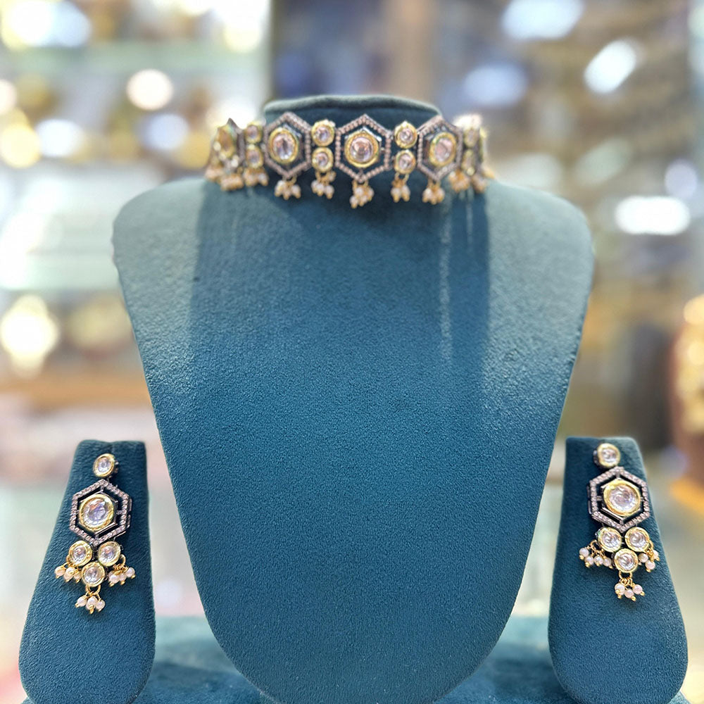 SNERA 2 Tone Plated Kundan Stone And Pearl Choker Necklace Set