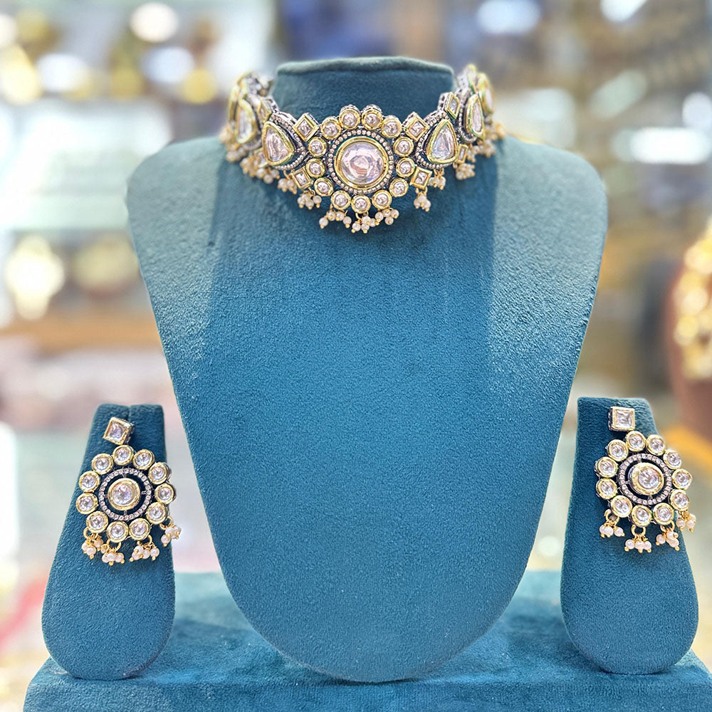 SNERA 2 Tone Plated Kundan Stone And Pearl Choker Necklace Set