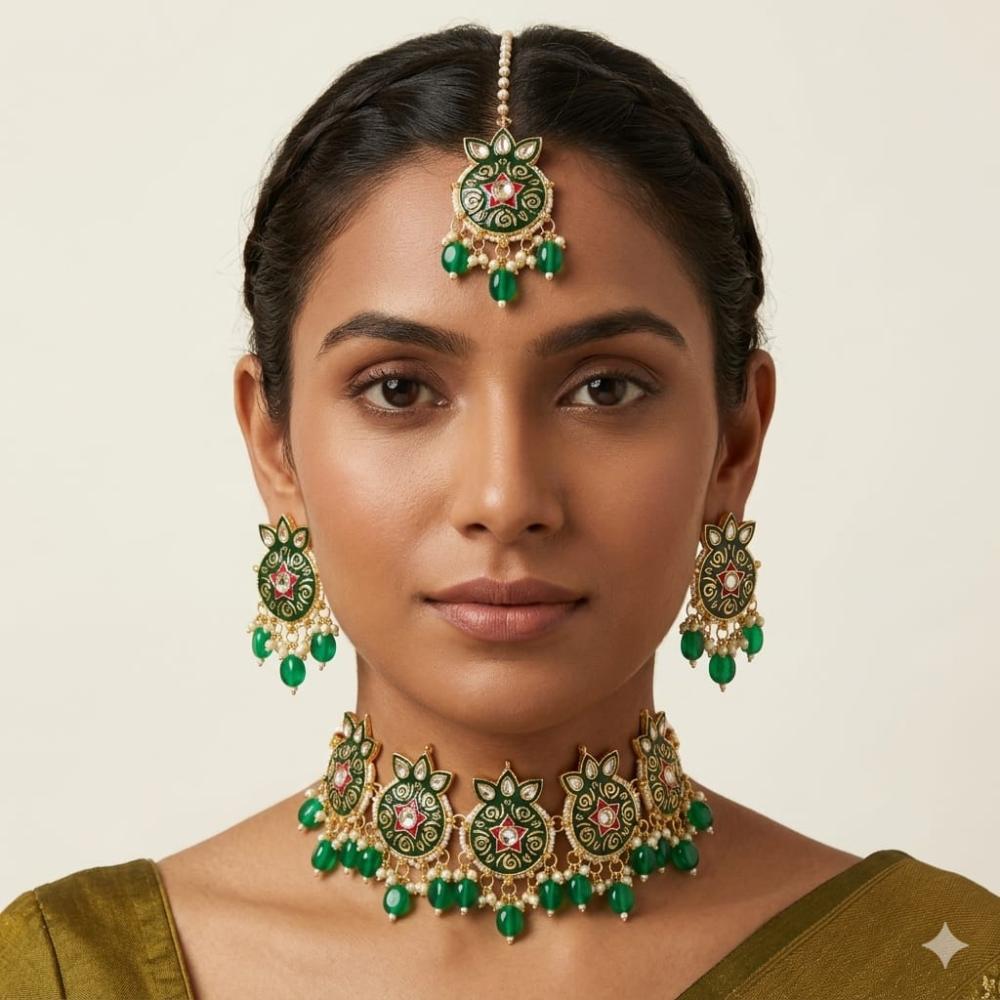SNERA Classic Grace Crystal Stone  Pearl And Beads Choker Meenakari Necklace Set