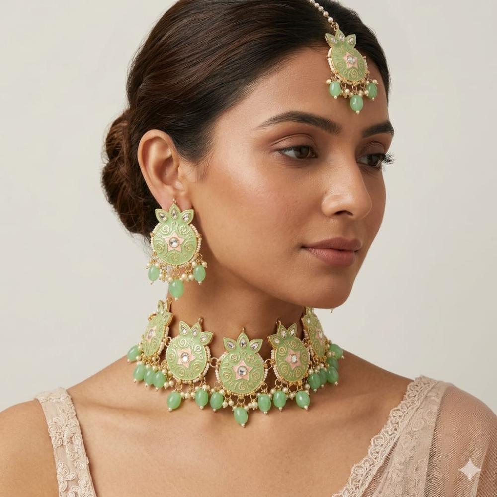 SNERA Classic Grace Crystal Stone  Pearl And Beads Choker Meenakari Necklace Set