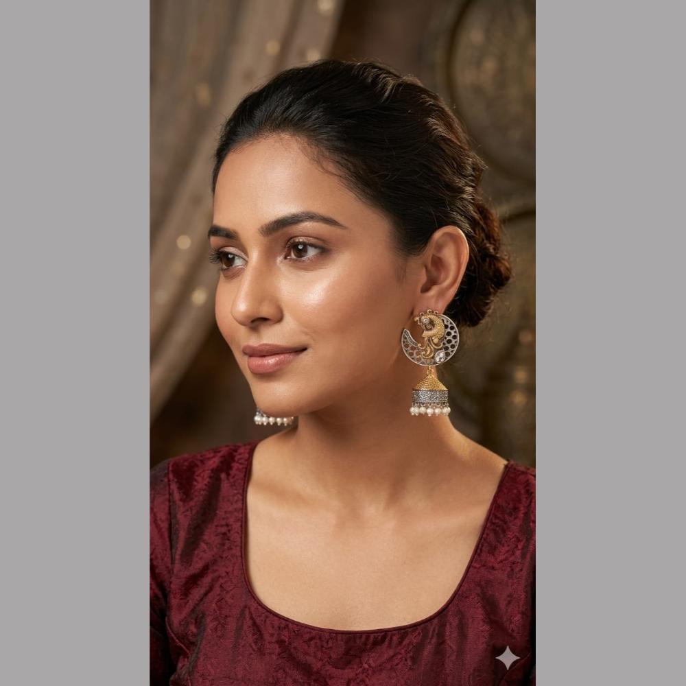 SNERA Dual Tone Pota Stone And Pearl Ethnic Jhumki Earrings for Women