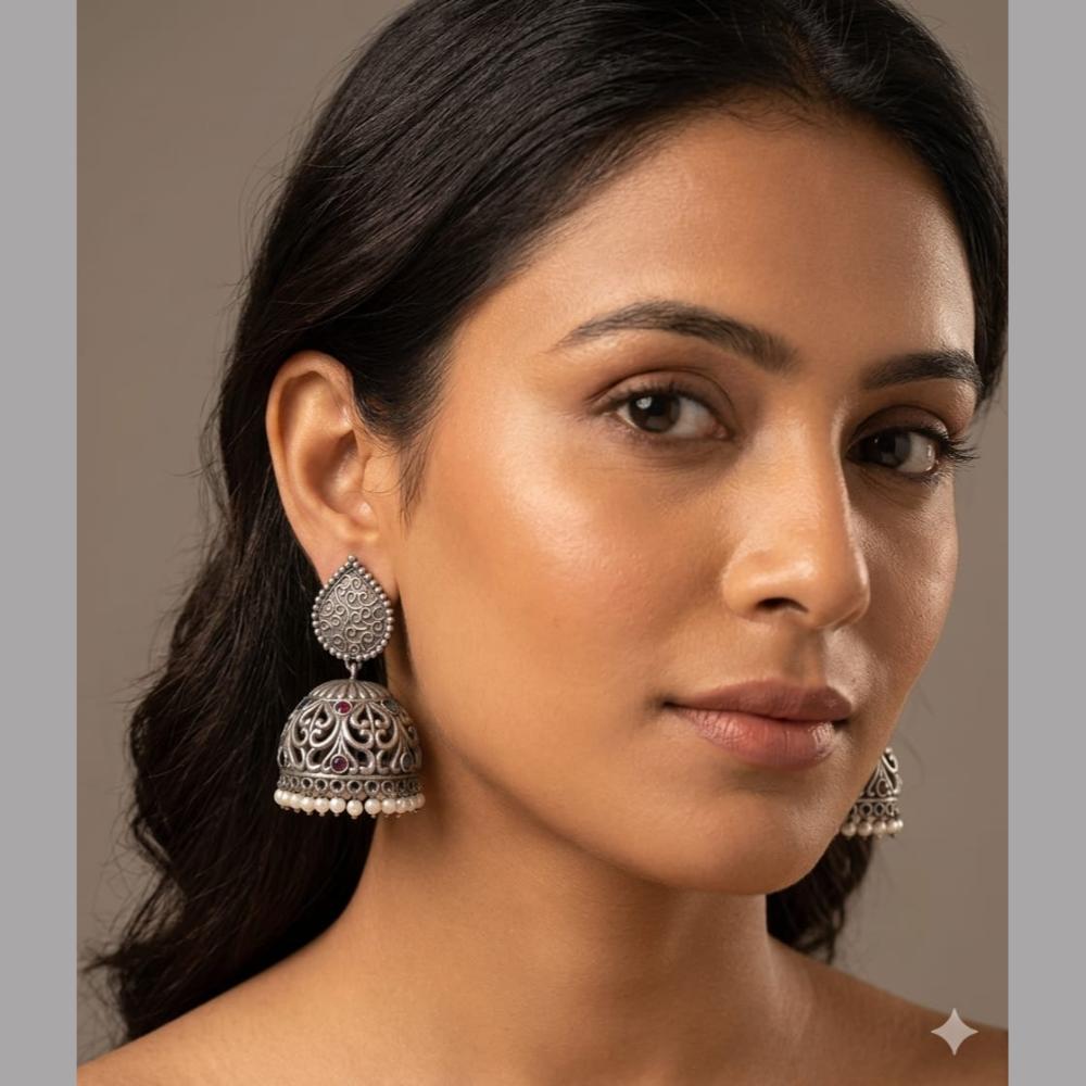 SNERA Oxidised Plated Pota Stone And Pearl Jhumki Earrings for Women