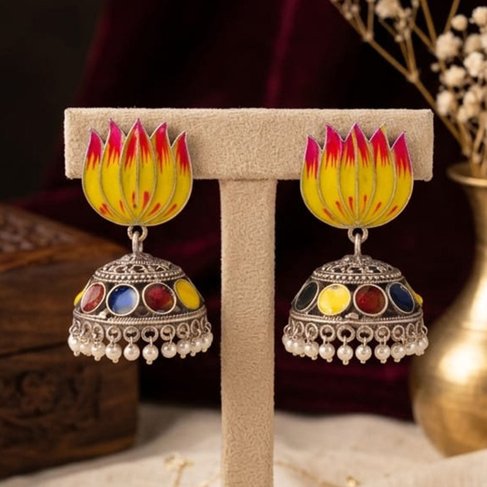 SNERA Vintage Oxidised Plated Meenakari Pearl Lotus Jhumki Earrings for Women