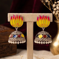 SNERA Vintage Oxidised Plated Meenakari Pearl Lotus Jhumki Earrings for Women