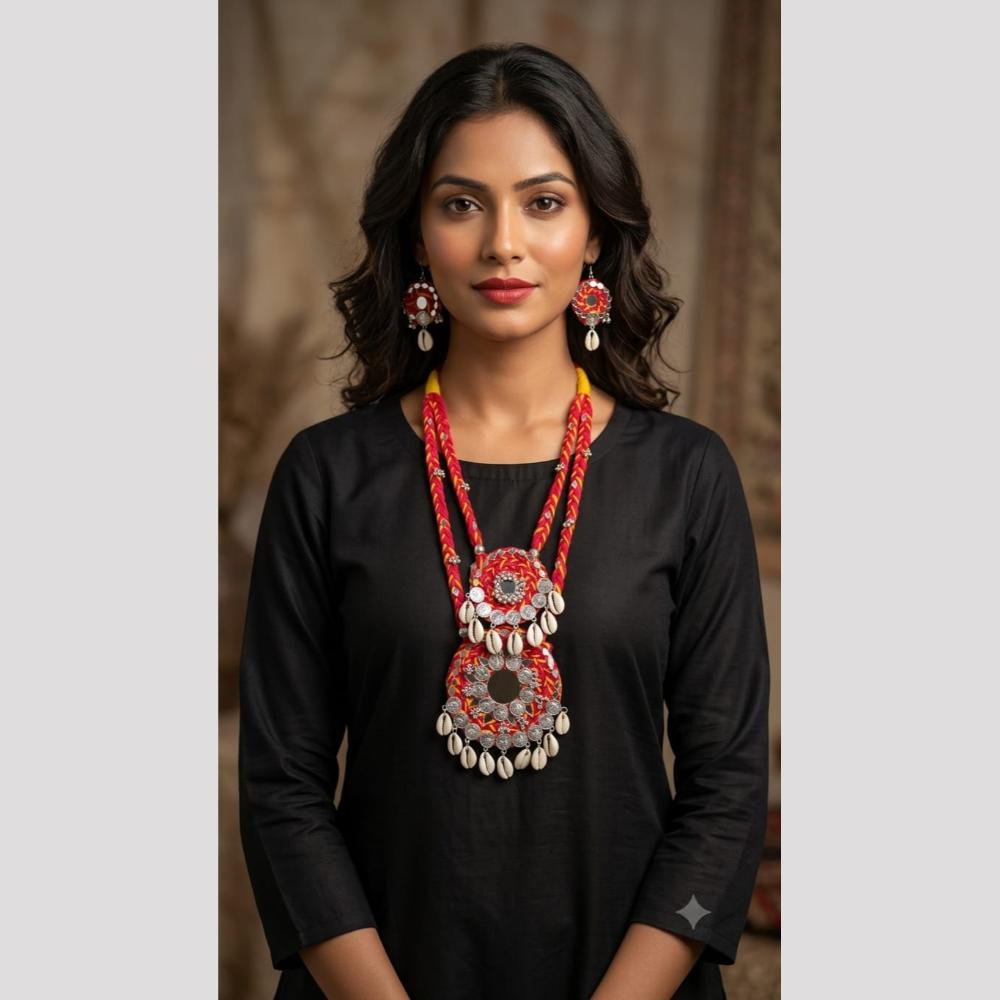 SNERA Mirror And Shell Embellished Ethnic Double Necklace Set