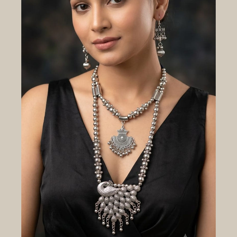 SNERA Stylish Oxidised Plated Peacock Shape Long Necklace Set