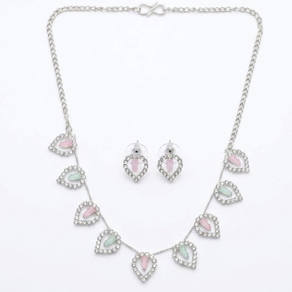 Urthn Silver Plated Sparkling Crystal Stone Necklace Set(Pack of 6)