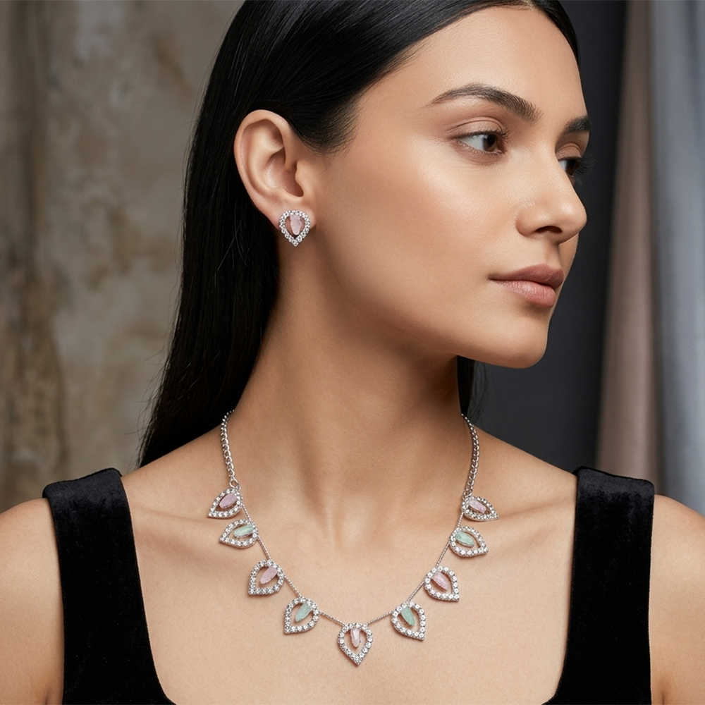 Urthn Silver Plated Sparkling Crystal Stone Necklace Set(Pack of 6)